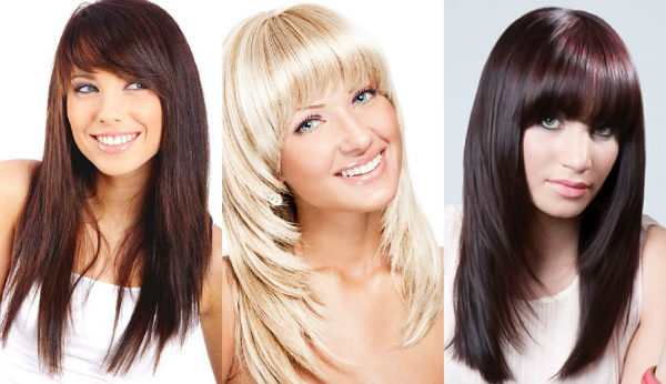 Coupes de cheveux pour cheveux longs avec une frange. De belles coiffures féminines pour un visage ovale et rond de plus de 30 ans. Photo