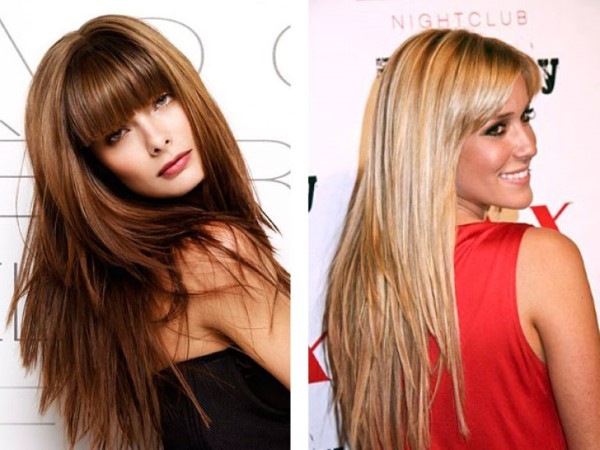 Coupes de cheveux pour cheveux longs avec une frange. De belles coiffures féminines pour un visage ovale et rond de plus de 30 ans. Photo