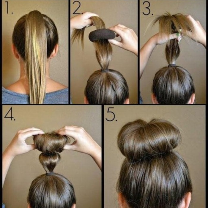 Donut Bun pour cheveux longs, moyens et courts. Comment faire un beau paquet. Photo, vidéo