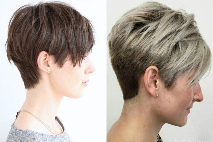 Coupe de cheveux Pixie pour cheveux courts et moyens pour femmes. Photo, vues avant et arrière, un schéma de la façon de couper, qui convient