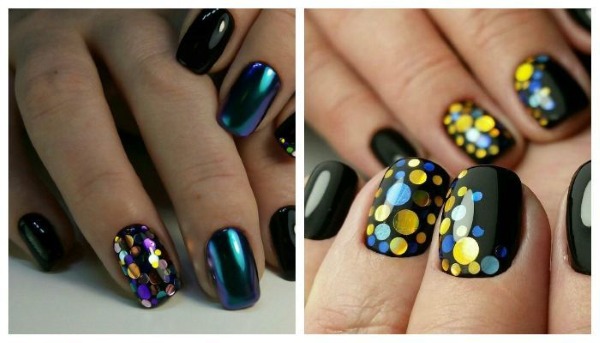 Conception d'ongles en noir, avec vernis noir, or, argent, strass. Nouveaux objets et photos