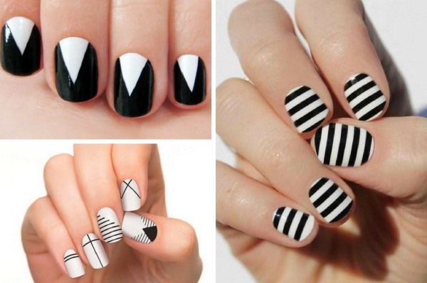 Conception d'ongles en noir, avec vernis noir, or, argent, strass. Nouveaux objets et photos