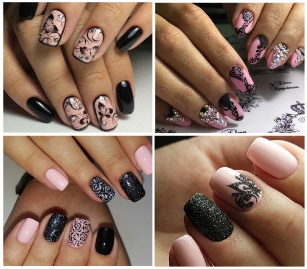 Conception d'ongles en noir, avec vernis noir, or, argent, strass. Nouveaux objets et photos