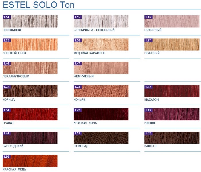 Peinture Estelle. Palette de couleurs, photo de cheveux: numéros, noms des nuances de toutes les séries: Deluxe, Blond, Essex, Princess, Couture, Newton