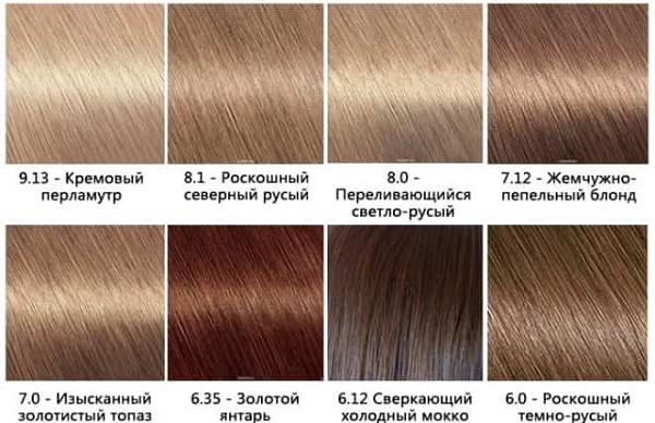 Teinture capillaire Garnier. Palette de couleurs, photo: Naturals, Senseishen, Shine, Olia, caramel, aulne, perle-cendre, blond foncé, sable fin, blond clair