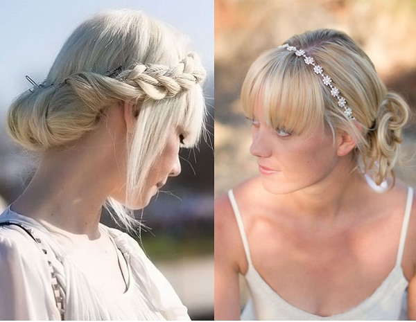 Coiffures avec une frange pour cheveux moyens: mariage, solennel, soirée, belle, pour tous les jours. Une photo