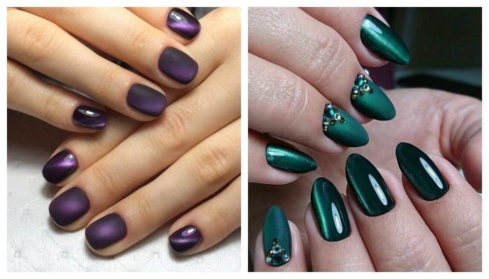 Conception de manucure sur ongles courts avec vernis gel. Photo pour hiver, printemps, été, automne 2020, manucure sombre, avec strass, paillettes, poudre acrylique, français