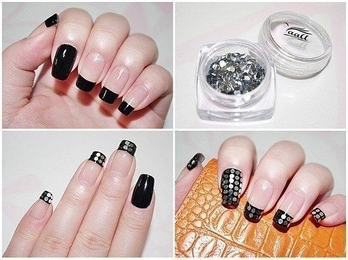 Gel de manucure avec strass. Tendances de la mode, photos avec bouillons, paillettes, frottements, français, le plus beau design