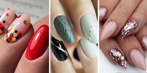 Ongles en forme d'amande. Tendances de la mode dans le design 2020, photo: pâle, français, nu, ombre, avec des étincelles, des strass, des frottements