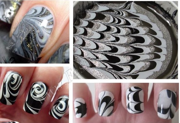 Ongles noirs et blancs - design français, ombre, dégradé, avec strass, bouillons, argent, or. Nouveautés de la manucure. Une photo