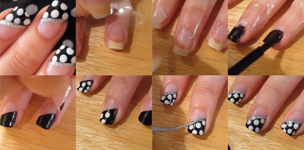 Ongles noirs et blancs - design français, ombre, dégradé, avec strass, bouillons, argent, or. Nouveautés de la manucure. Une photo