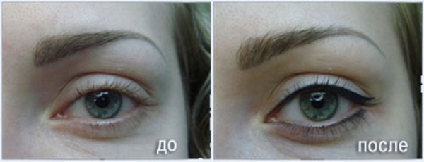 Maquillage permanent avec ombrage: couleur naturelle des paupières, sourcils, flèches, espace entre les cils, beau contour. Instructions étape par étape avec photos