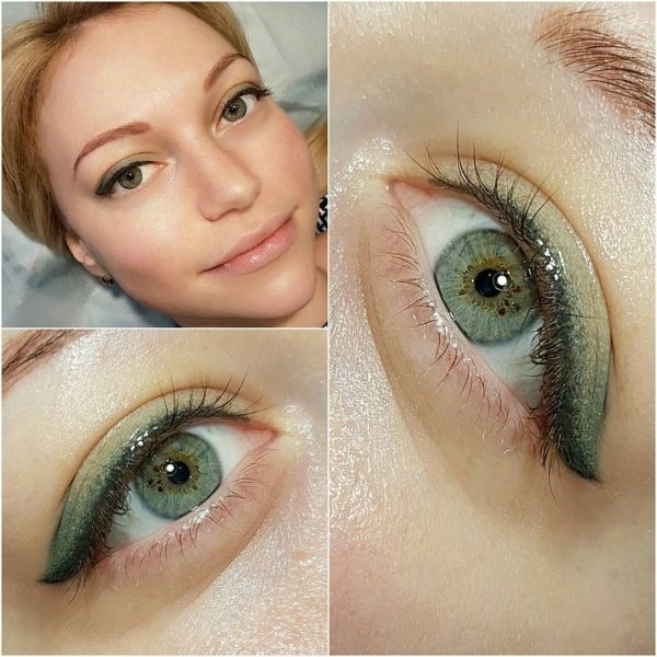 Maquillage permanent des ombres sur les paupières. Photo, comme pour les paupières inférieures et supérieures, avec ombrage, effet Smoky eyes, flèche classique