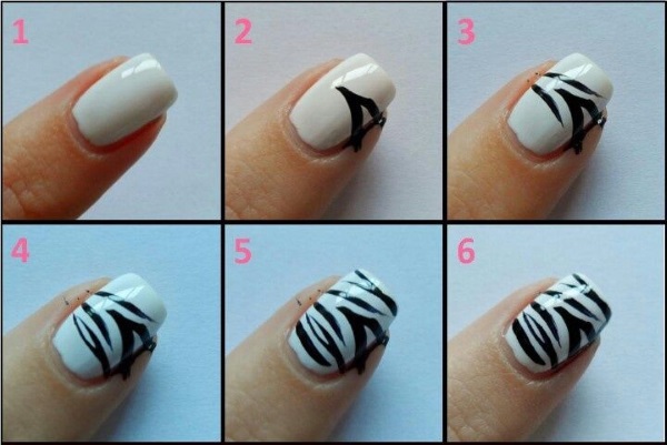 Manucure avec vernis noir et blanc pour ongles courts et longs. Photos, dessins