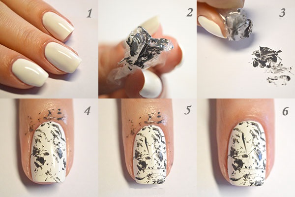 Manucure avec vernis noir et blanc pour ongles courts et longs. Photos, dessins