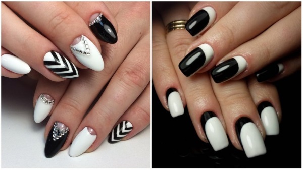 Manucure avec vernis noir et blanc pour ongles courts et longs. Photos, dessins