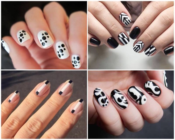 Manucure avec vernis noir et blanc pour ongles courts et longs. Photos, dessins