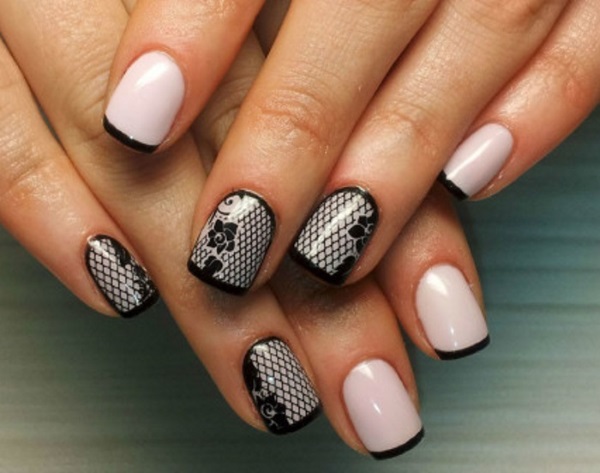 Manucure avec vernis noir et blanc pour ongles courts et longs. Photos, dessins