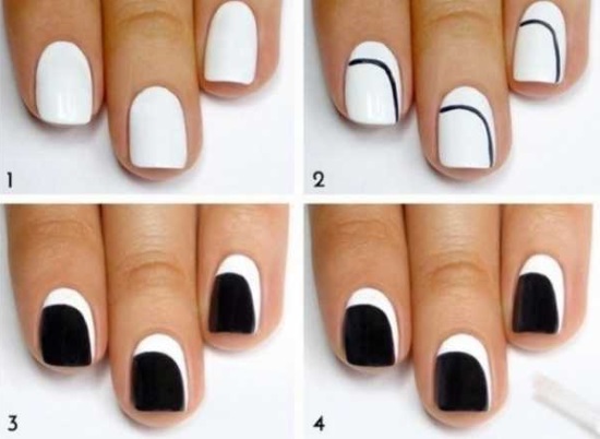 Manucure avec vernis noir et blanc pour ongles courts et longs. Photos, dessins