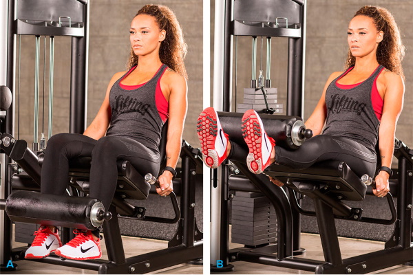 Extension et flexion des jambes dans le simulateur en position assise, couchée, dans la machine. Exercice, technique, quels muscles travaillent