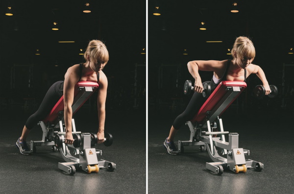 Rangée d'haltères dans une pente vers la ceinture. Quels muscles travaillent, technique d'exercice. Vidéo