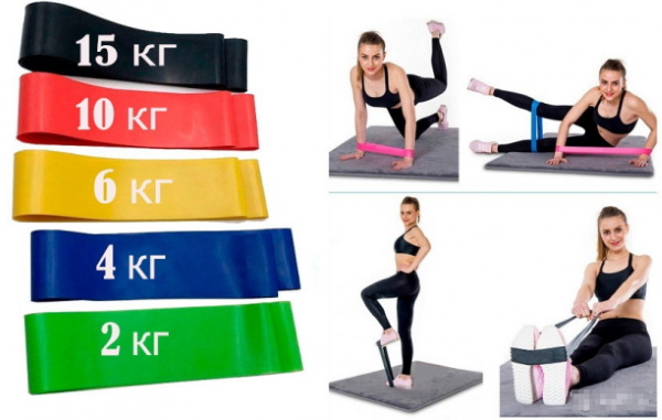 Exercices avec une bande élastique pour les jambes et les fesses à une femme assise sur une chaise, debout, couchée et autres