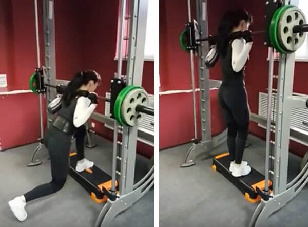 Lunges in Smith pour les filles. Technique d'exécution depuis la plate-forme, recul, marche, banc