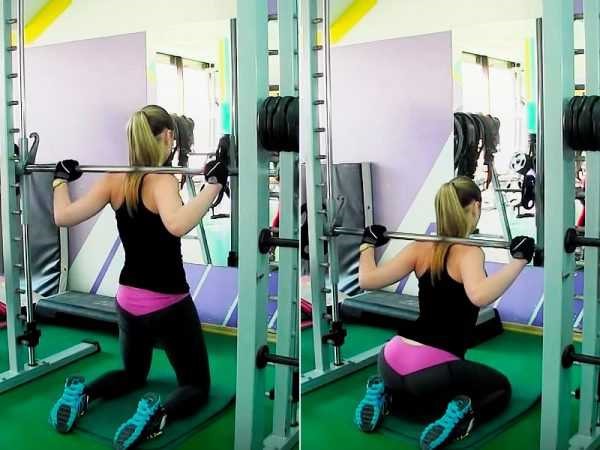 Smith squat pour les filles. Technique d'exécution sur les fesses, les genoux, une jambe, les quadriceps, frontale avec une position étroite et large