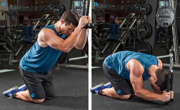 Extension du triceps croisé. Technique avec une corde, une poignée droite, une queue de cochon, deux mains